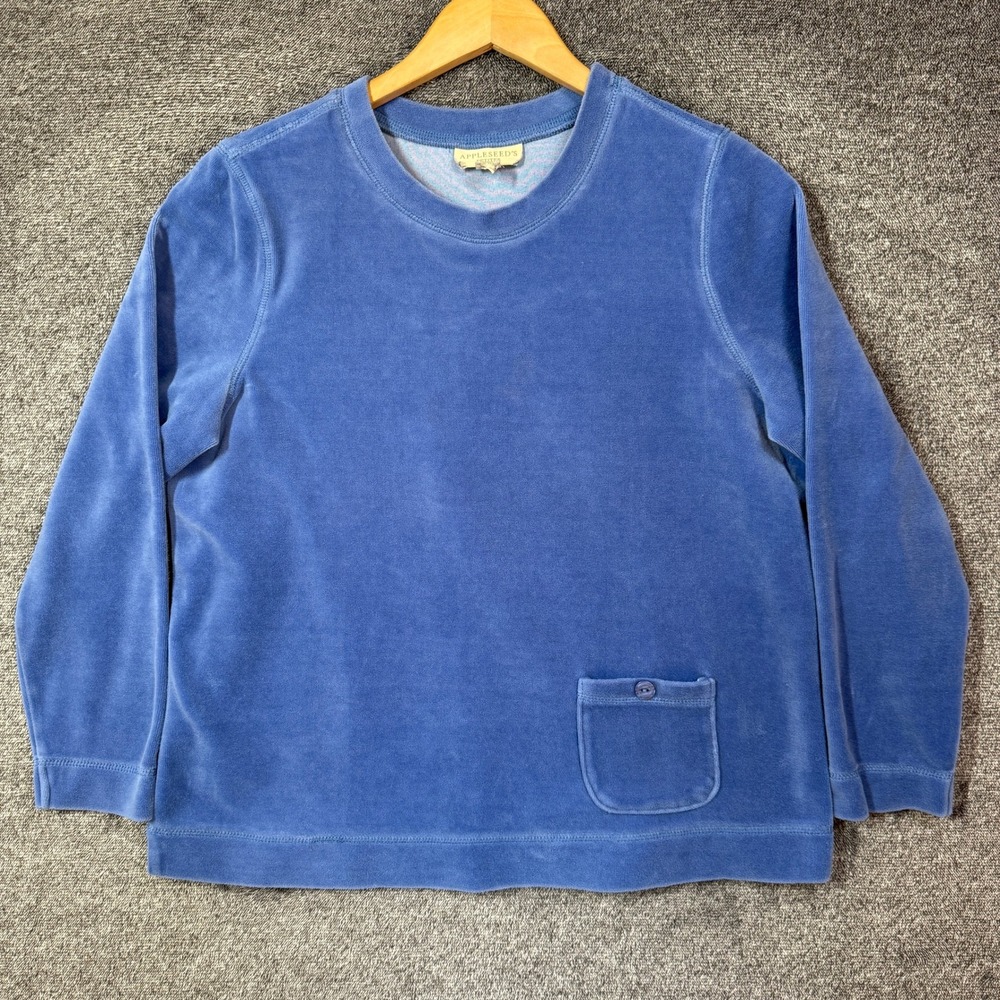 Appleseeds Petites Blue Velour Sweatshirt Pocket Crew Neck PM